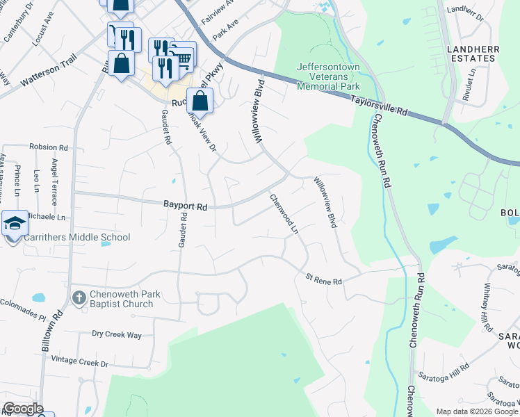 map of restaurants, bars, coffee shops, grocery stores, and more near 10603 Bayport Road in Louisville