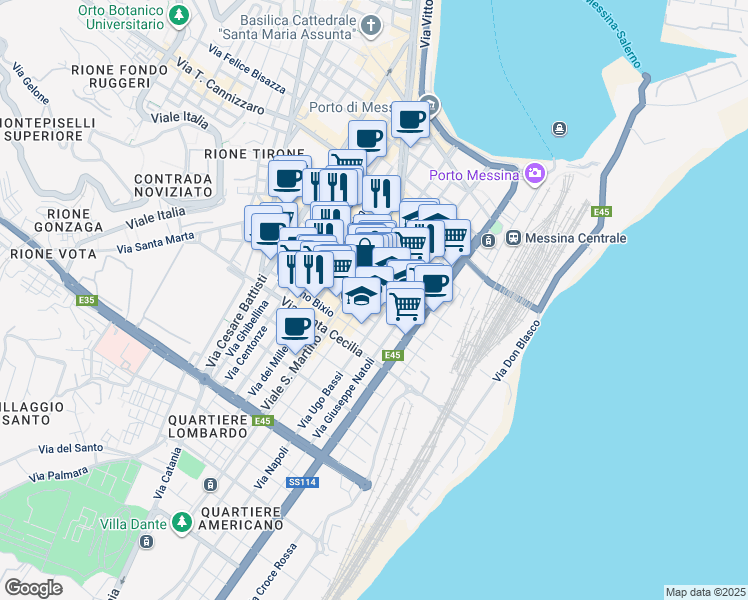 map of restaurants, bars, coffee shops, grocery stores, and more near 106 Via Giordano Bruno in Messina