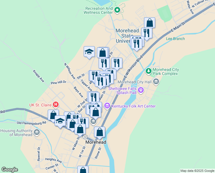 map of restaurants, bars, coffee shops, grocery stores, and more near 172 East Main Street in Morehead