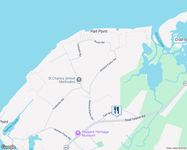 map of restaurants, bars, coffee shops, grocery stores, and more near 23601 Keen Road in Deal Island Historic District