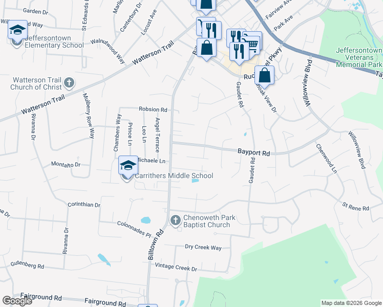 map of restaurants, bars, coffee shops, grocery stores, and more near 10105 John Ashley Court in Louisville