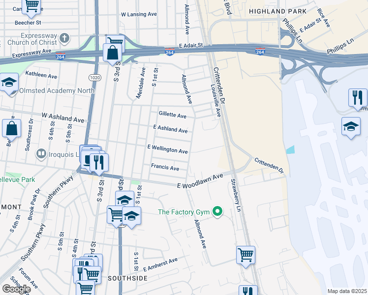 map of restaurants, bars, coffee shops, grocery stores, and more near 175 East Wellington Avenue in Louisville