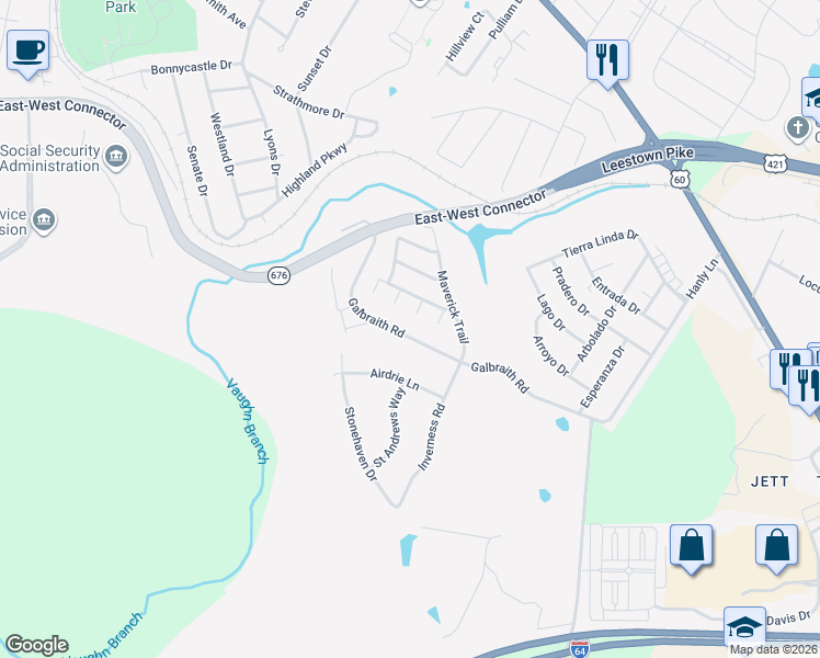 map of restaurants, bars, coffee shops, grocery stores, and more near 112 Castile Court in Frankfort