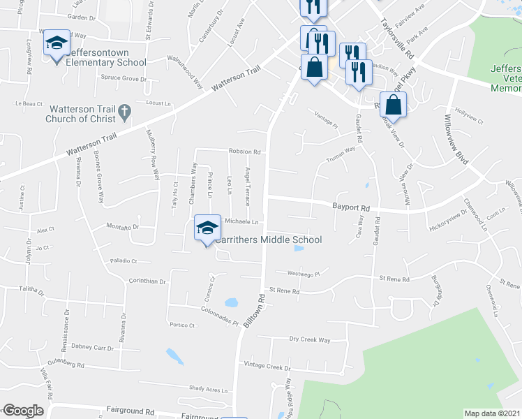 map of restaurants, bars, coffee shops, grocery stores, and more near 4205 Angel Terrace in Jeffersontown
