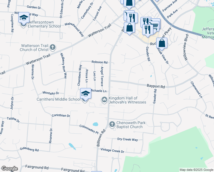 map of restaurants, bars, coffee shops, grocery stores, and more near 4205 Angel Terrace in Jeffersontown