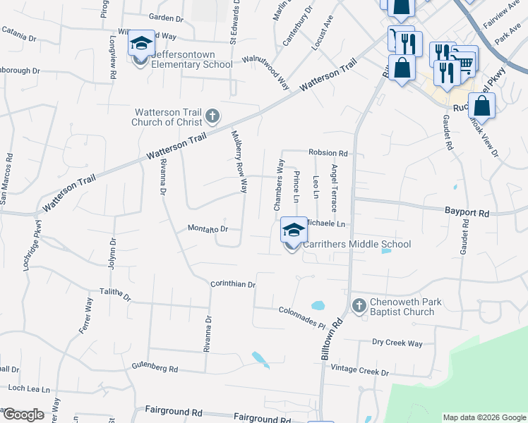 map of restaurants, bars, coffee shops, grocery stores, and more near 4011 Tally Ho Court in Louisville