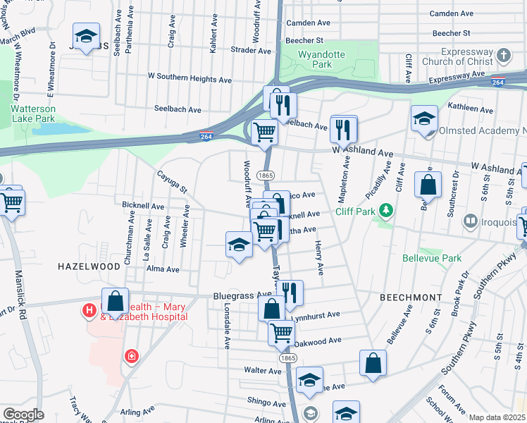 map of restaurants, bars, coffee shops, grocery stores, and more near 1238 Carrico Avenue in Louisville