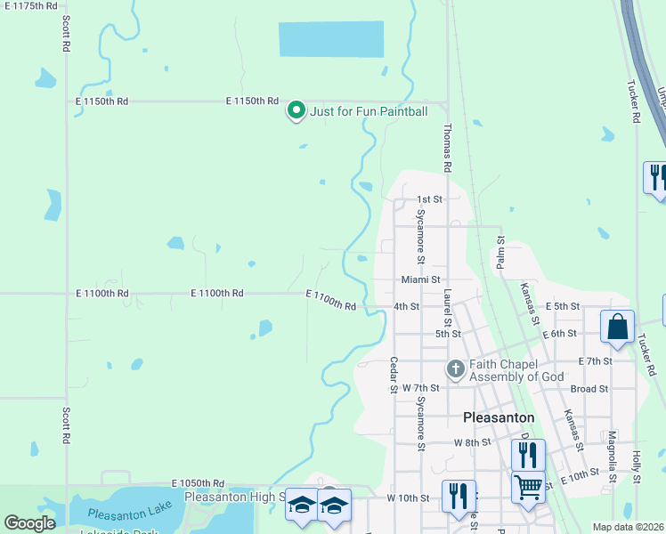 map of restaurants, bars, coffee shops, grocery stores, and more near 20650 East 1100th Road in Pleasanton