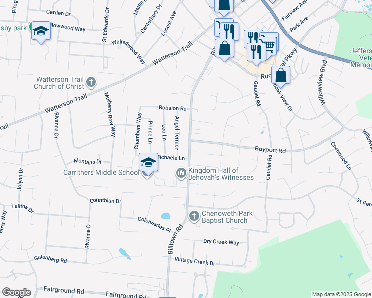 map of restaurants, bars, coffee shops, grocery stores, and more near 4212 Billtown Road in Louisville