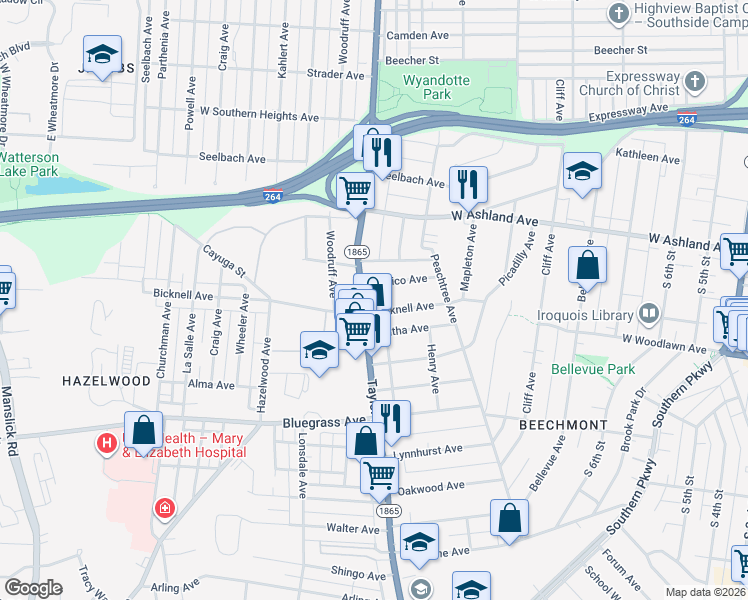map of restaurants, bars, coffee shops, grocery stores, and more near 1238 Carrico Avenue in Louisville