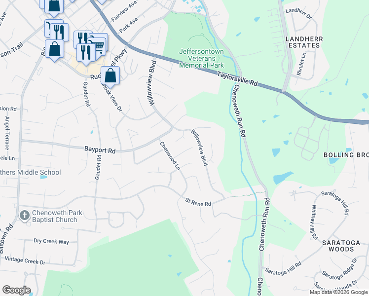 map of restaurants, bars, coffee shops, grocery stores, and more near 11409 Catalpa View Court in Louisville