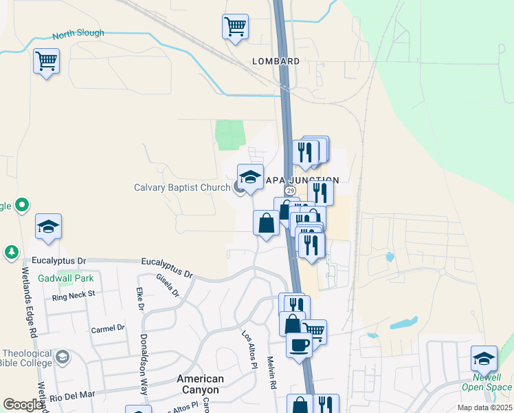 map of restaurants, bars, coffee shops, grocery stores, and more near 130 Theresa Avenue in American Canyon