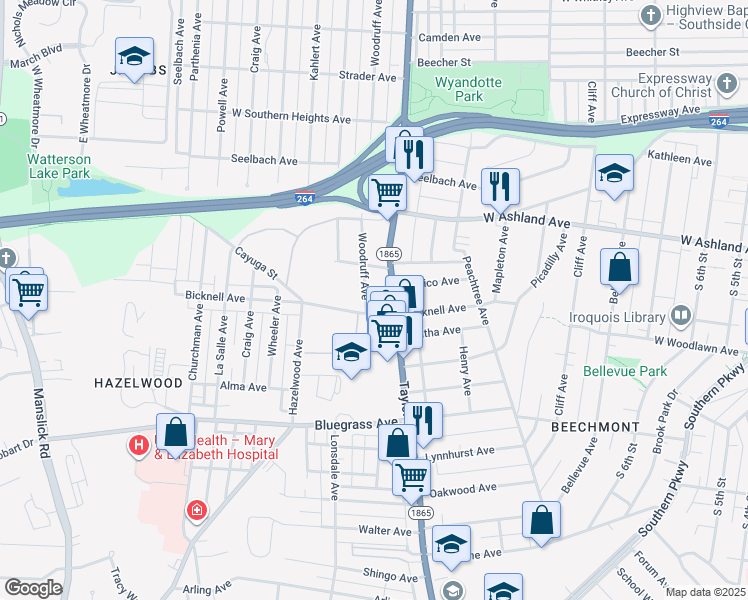 map of restaurants, bars, coffee shops, grocery stores, and more near 4037 Woodruff Avenue in Louisville