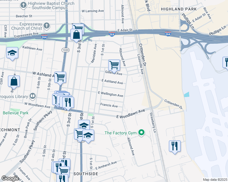 map of restaurants, bars, coffee shops, grocery stores, and more near 160 East Ashland Avenue in Louisville
