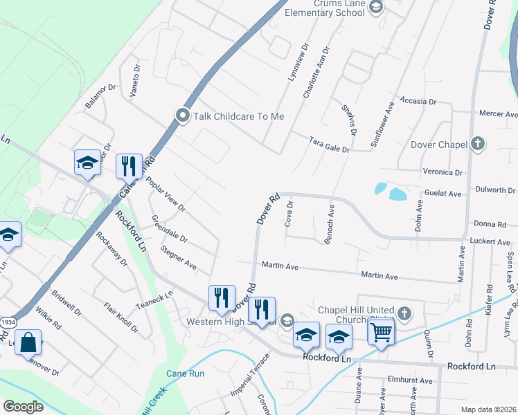map of restaurants, bars, coffee shops, grocery stores, and more near 4706 Dover Road in Louisville