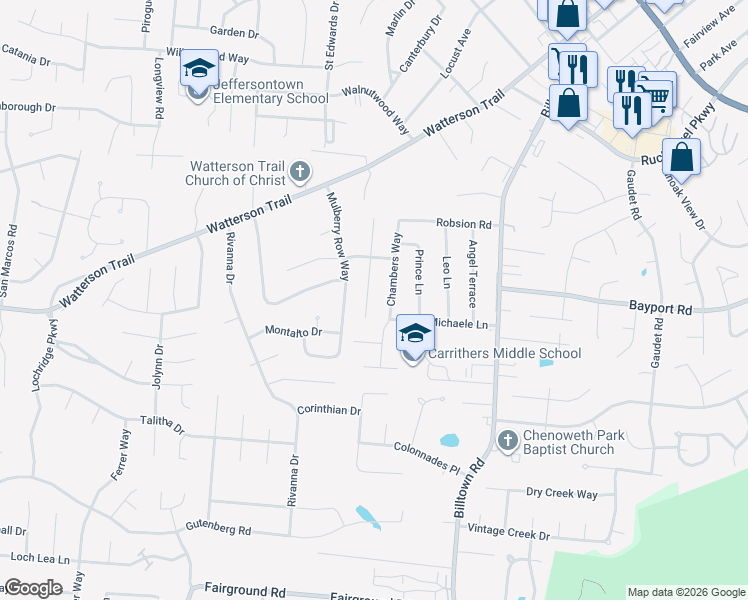 map of restaurants, bars, coffee shops, grocery stores, and more near 4011 Tally Ho Court in Louisville