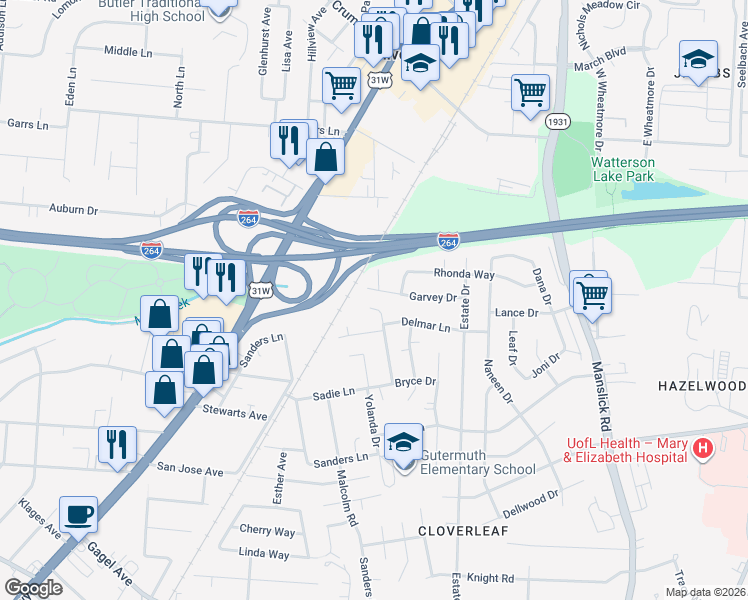 map of restaurants, bars, coffee shops, grocery stores, and more near 1432 Garvey Drive in Louisville