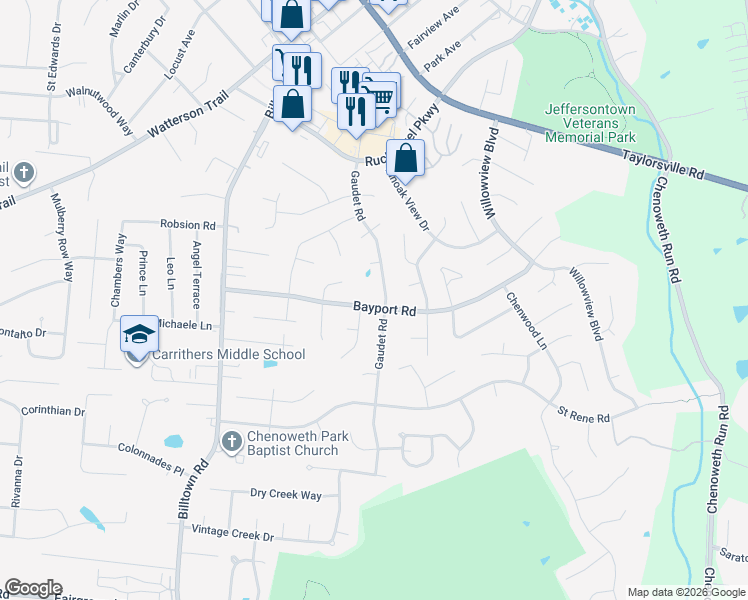 map of restaurants, bars, coffee shops, grocery stores, and more near 10405 Bayport Road in Jeffersontown