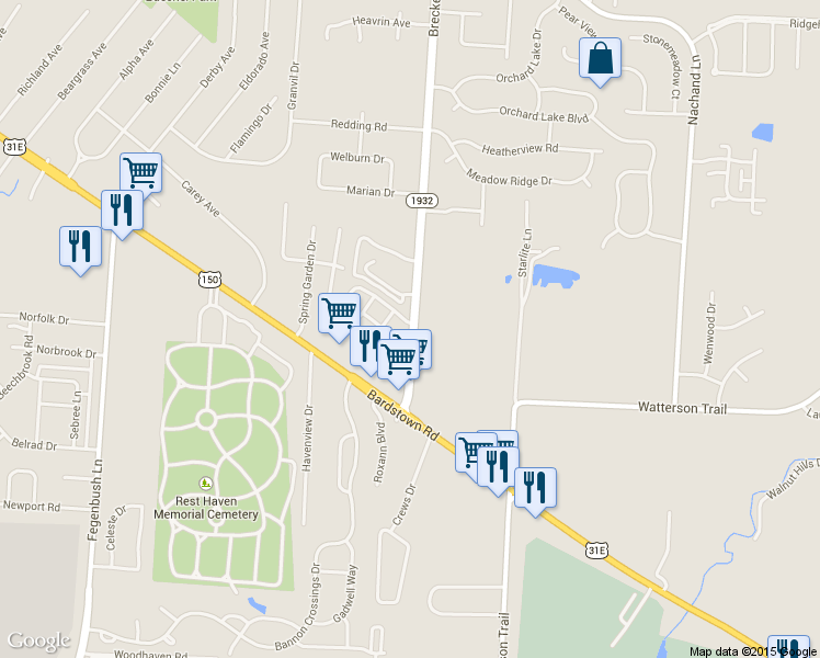 map of restaurants, bars, coffee shops, grocery stores, and more near in Louisville