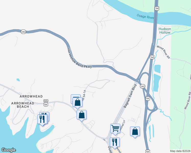 map of restaurants, bars, coffee shops, grocery stores, and more near 401-415 Fish Haven Road in Lake Ozark