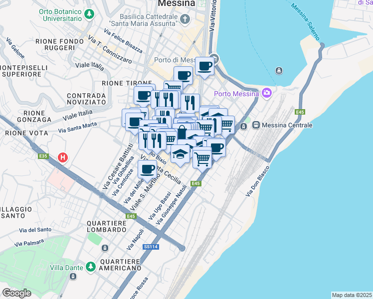 map of restaurants, bars, coffee shops, grocery stores, and more near 106 Via Giordano Bruno in Messina