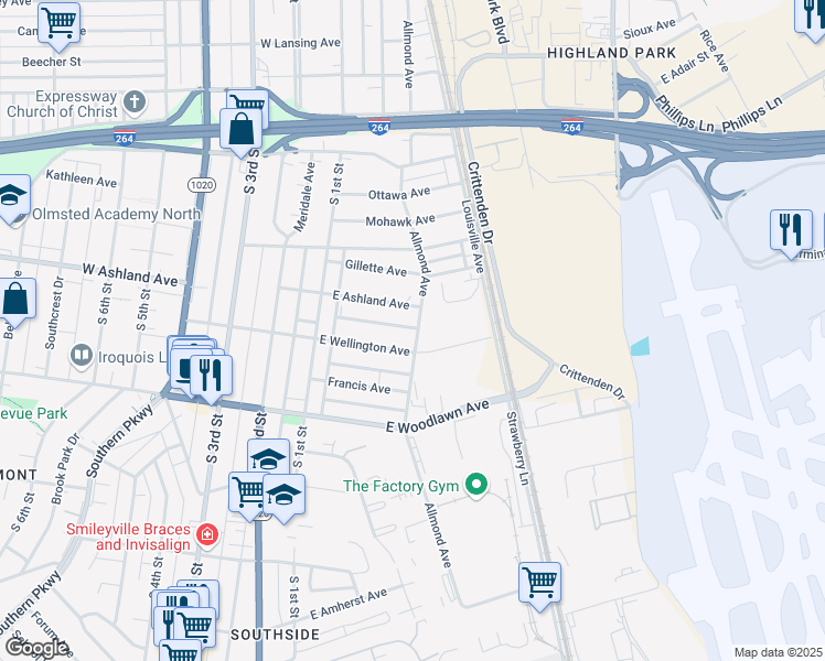 map of restaurants, bars, coffee shops, grocery stores, and more near 4548 Allmond Avenue in Louisville