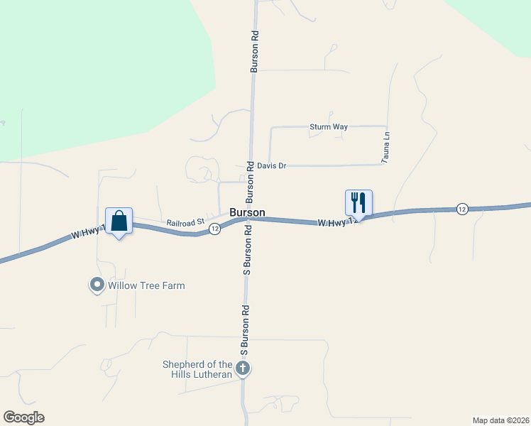 map of restaurants, bars, coffee shops, grocery stores, and more near in Burson