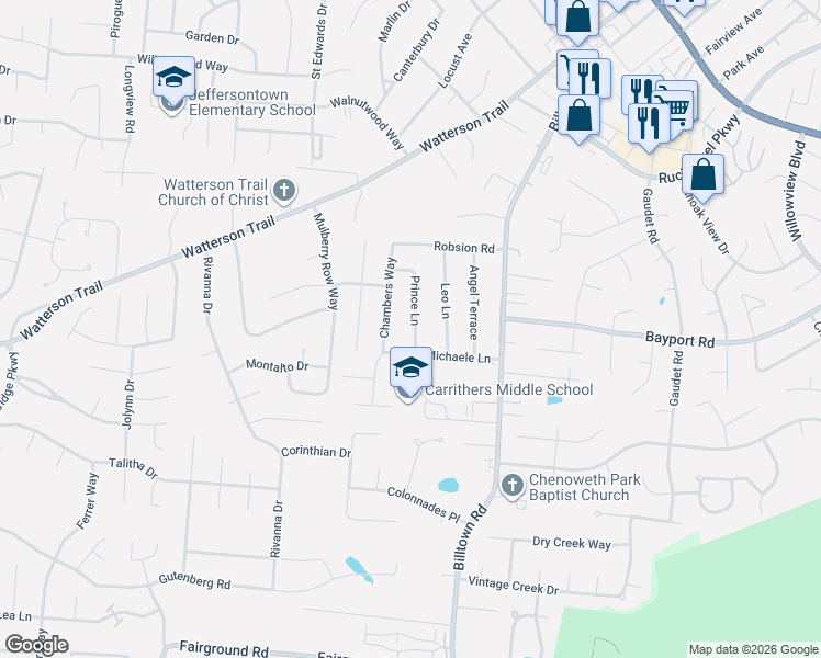 map of restaurants, bars, coffee shops, grocery stores, and more near 4204 Prince Lane in Louisville