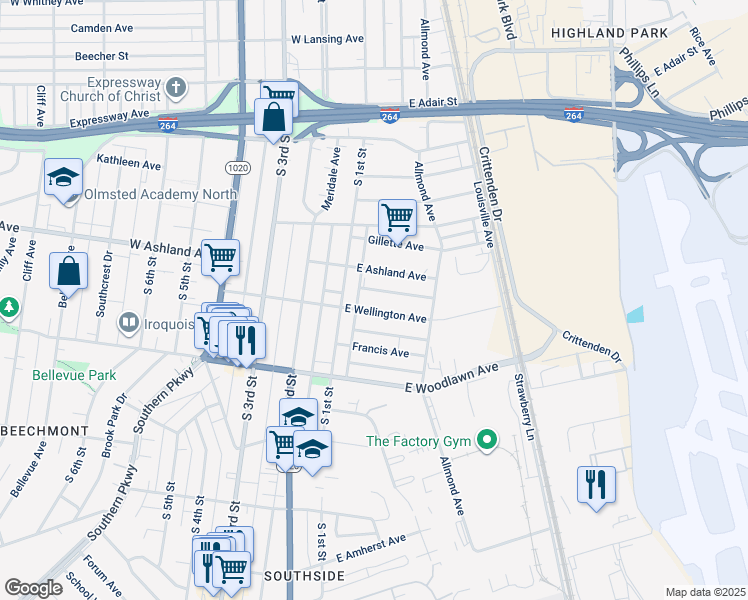 map of restaurants, bars, coffee shops, grocery stores, and more near 121 East Wellington Avenue in Louisville