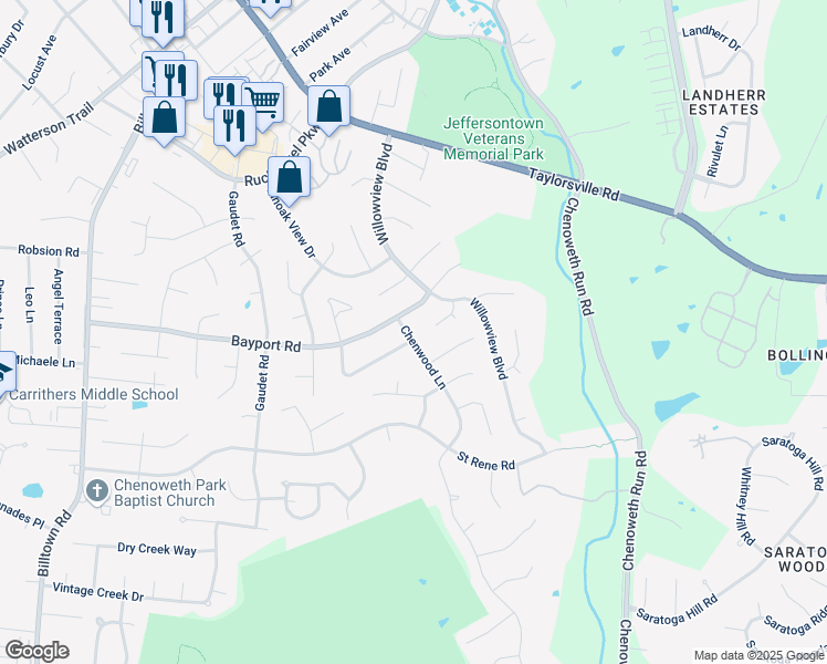 map of restaurants, bars, coffee shops, grocery stores, and more near 4005 Chenwood Lane in Louisville