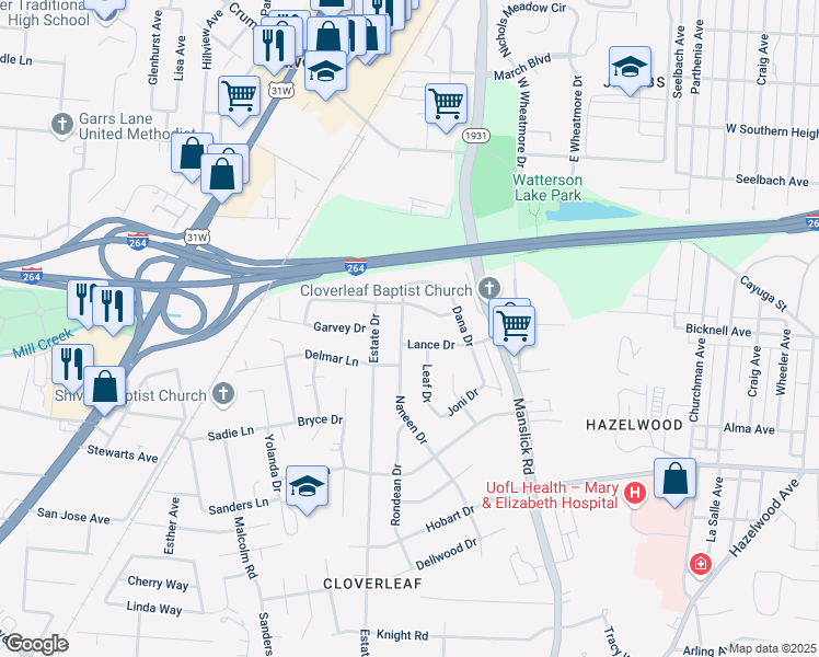 map of restaurants, bars, coffee shops, grocery stores, and more near 1306 Rhonda Way in Louisville