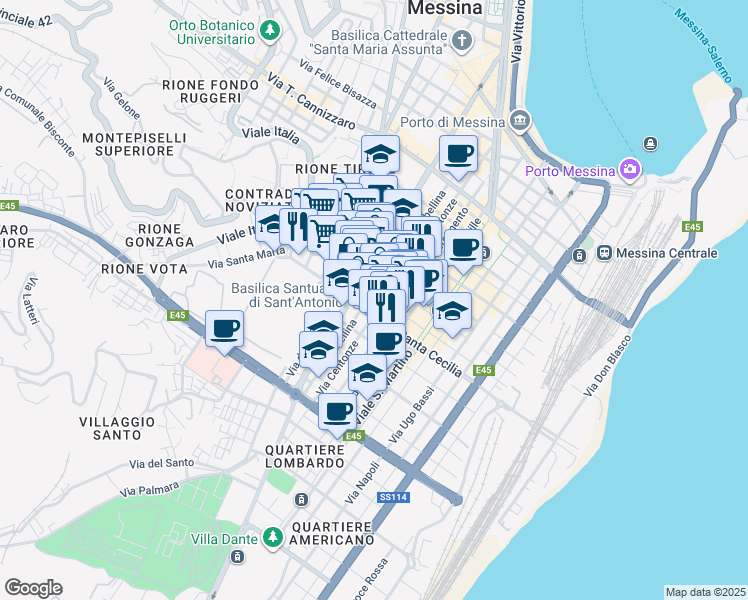 map of restaurants, bars, coffee shops, grocery stores, and more near 144 Via Nino Bixio in Messina