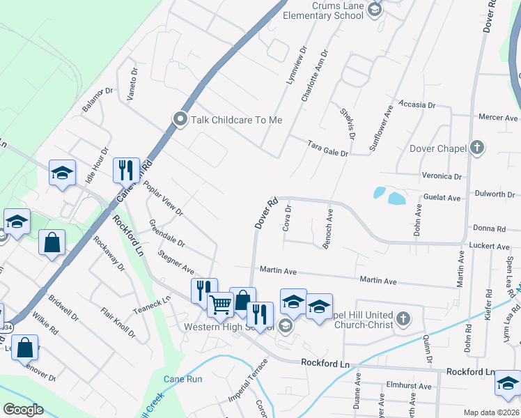 map of restaurants, bars, coffee shops, grocery stores, and more near 4706 Dover Road in Louisville