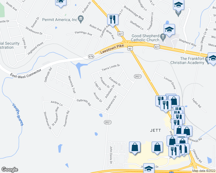 map of restaurants, bars, coffee shops, grocery stores, and more near Pradero Drive in Frankfort