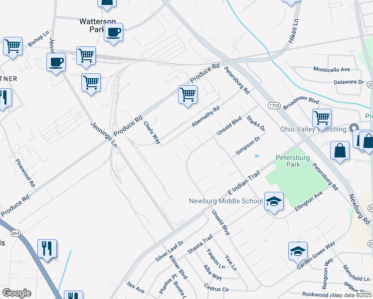 map of restaurants, bars, coffee shops, grocery stores, and more near 4408 Titus Court in Louisville