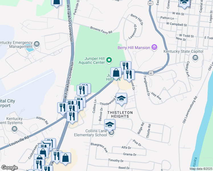 map of restaurants, bars, coffee shops, grocery stores, and more near 840-892 Louisville Road in Frankfort