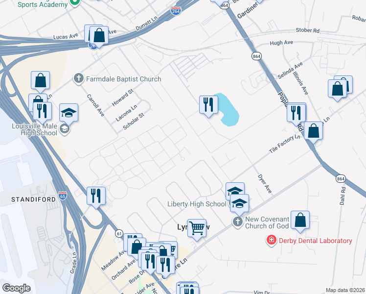 map of restaurants, bars, coffee shops, grocery stores, and more near in Louisville