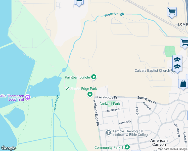 map of restaurants, bars, coffee shops, grocery stores, and more near 2 Eucalyptus Drive in American Canyon