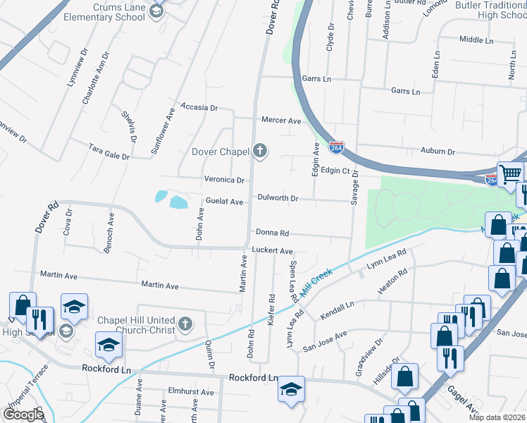 map of restaurants, bars, coffee shops, grocery stores, and more near 4403 Dover Road in Louisville