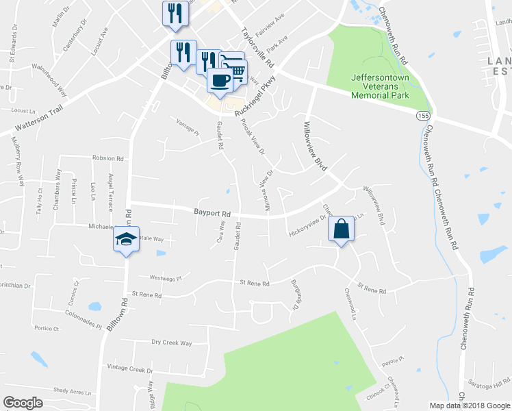 map of restaurants, bars, coffee shops, grocery stores, and more near 10504 Whitepine View Place in Louisville