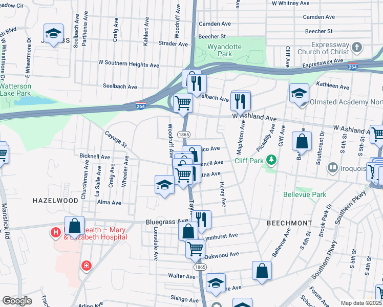 map of restaurants, bars, coffee shops, grocery stores, and more near 1238 Carrico Avenue in Louisville