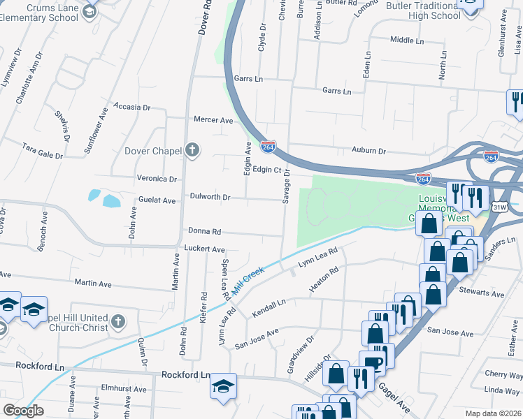map of restaurants, bars, coffee shops, grocery stores, and more near 2314 Dulworth Drive in Louisville