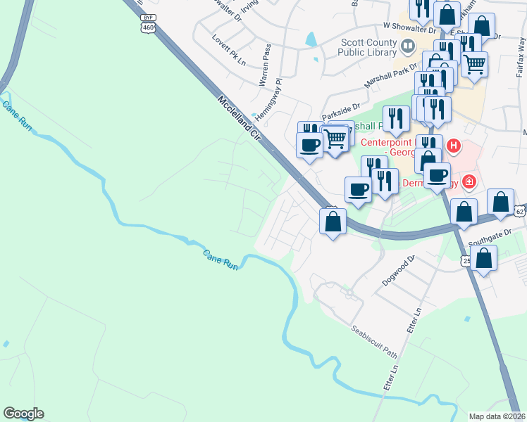 map of restaurants, bars, coffee shops, grocery stores, and more near 252 Mcclelland Circle in Georgetown