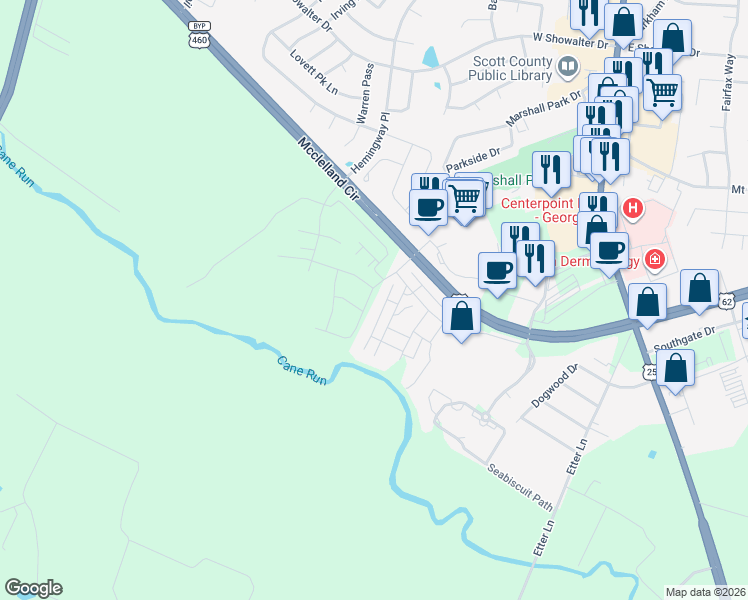 map of restaurants, bars, coffee shops, grocery stores, and more near 252 Mcclelland Circle in Georgetown