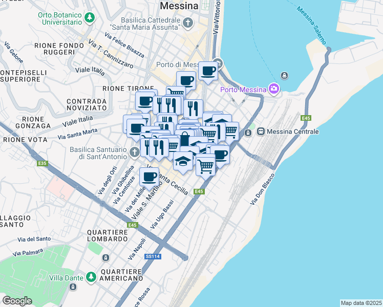 map of restaurants, bars, coffee shops, grocery stores, and more near 106 Via Giordano Bruno in Messina