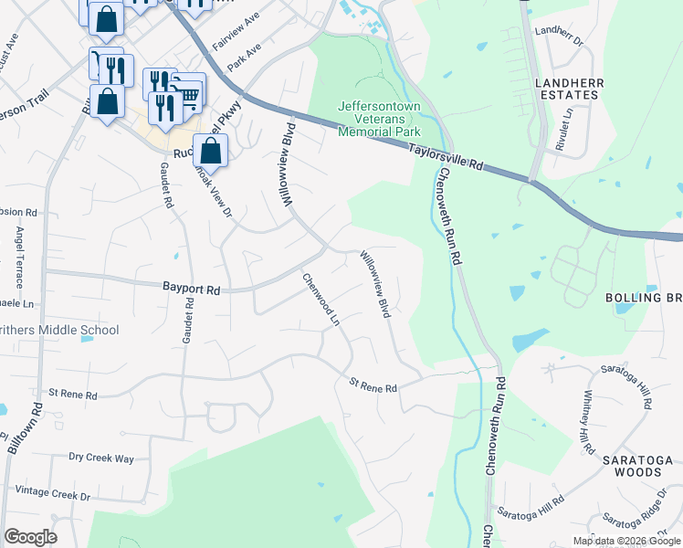 map of restaurants, bars, coffee shops, grocery stores, and more near 11409 Catalpa View Court in Louisville