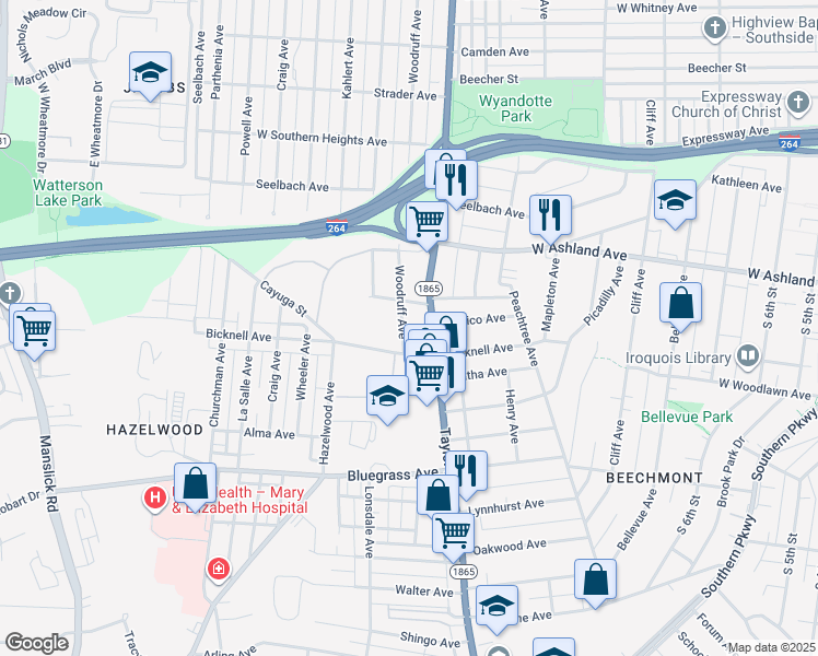 map of restaurants, bars, coffee shops, grocery stores, and more near 4037 Woodruff Avenue in Louisville