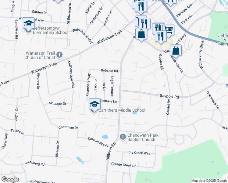 map of restaurants, bars, coffee shops, grocery stores, and more near 4205 Angel Terrace in Jeffersontown