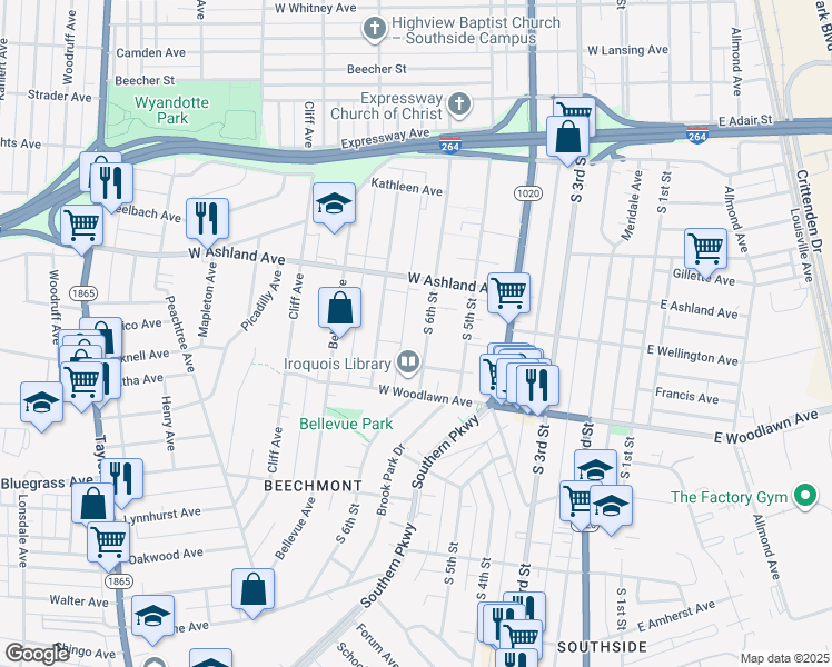 map of restaurants, bars, coffee shops, grocery stores, and more near 4624 South 6th Street in Louisville