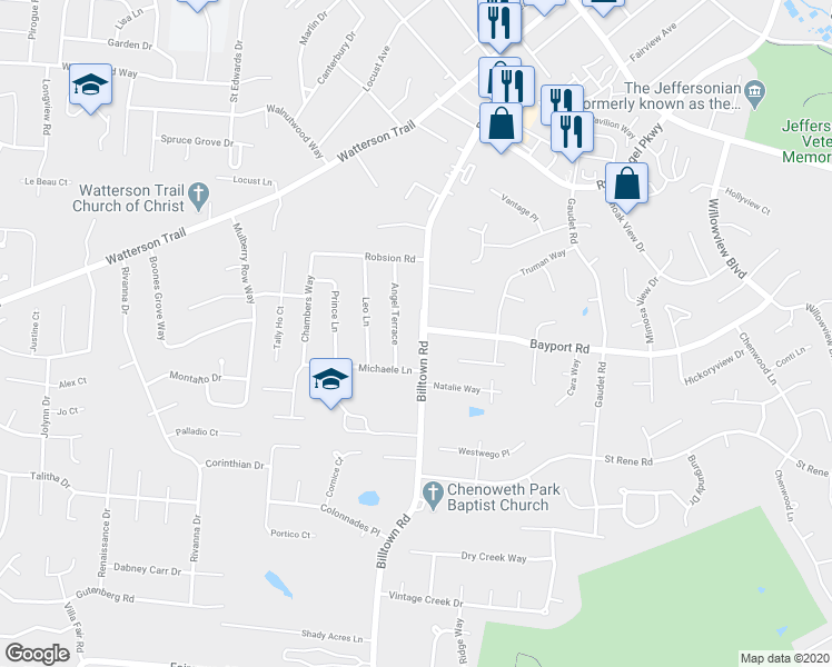 map of restaurants, bars, coffee shops, grocery stores, and more near 4205 Angel Terrace in Jeffersontown